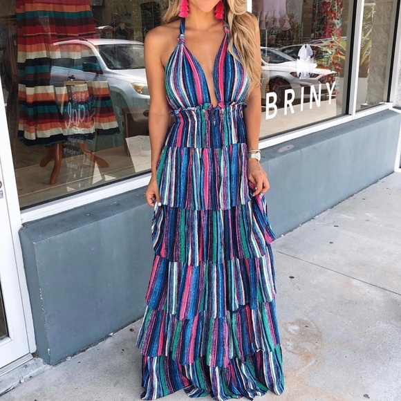 Luxxel Dresses & Skirts - Luxxel | Bright Striped Halter Ruffle Maxi Dress